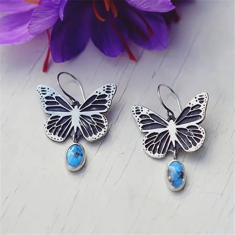 Vintage Silver Blue Stone Butterfly Earrings Unique Joyas