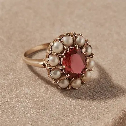 Red Crystal Ring with Vintage Pearls Claire