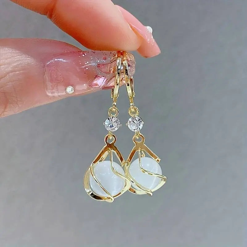 Vintage White Opal Drop Gold Earrings Unique Joyas
